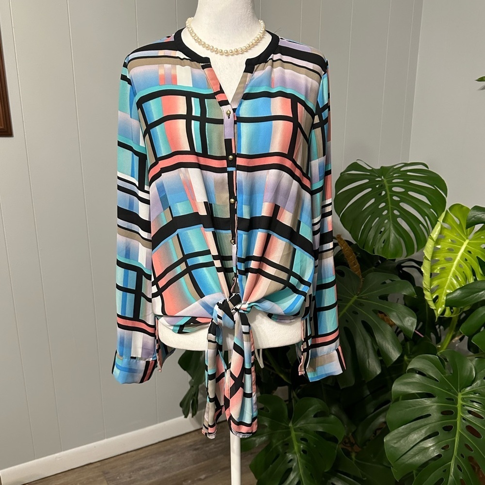 ๐๏ธ Rafaella multi color button front blouse with ties bottom exc/condition